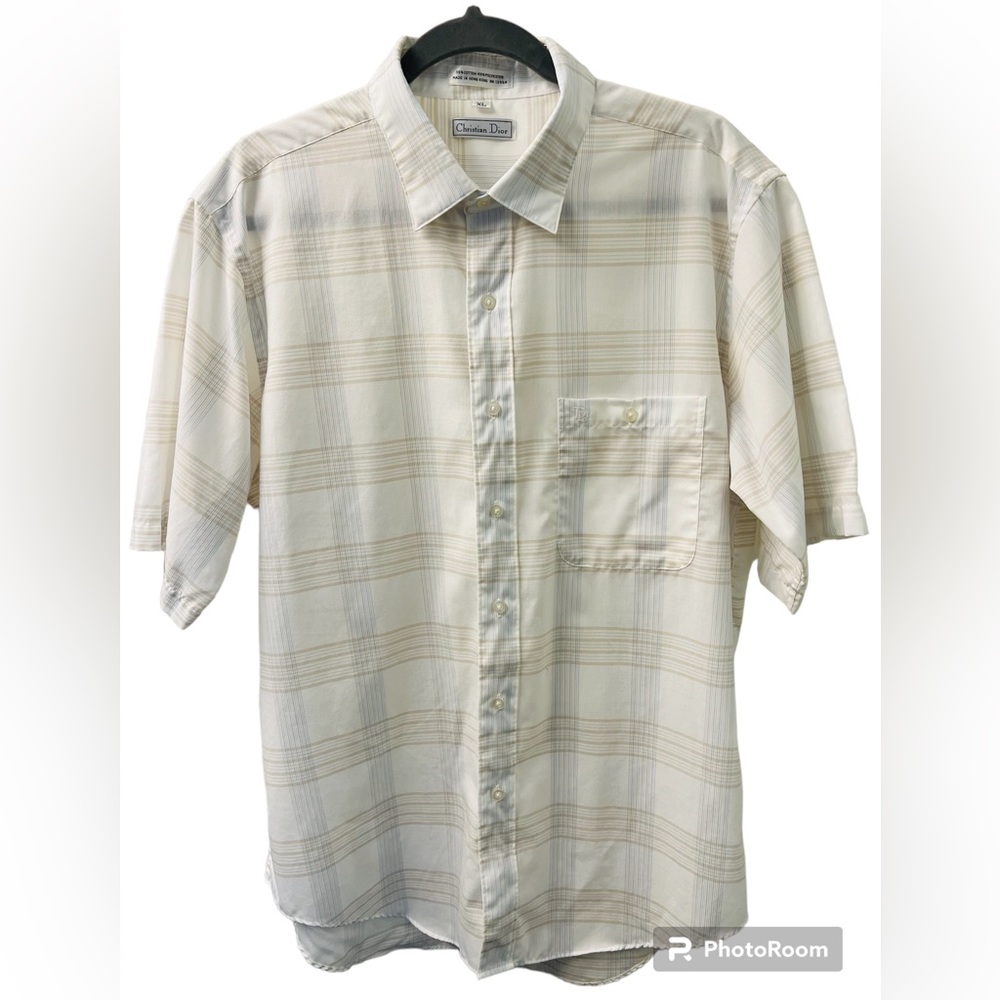 Vintage Christian Dior short sleeve white w/soft tone plaid button up XL